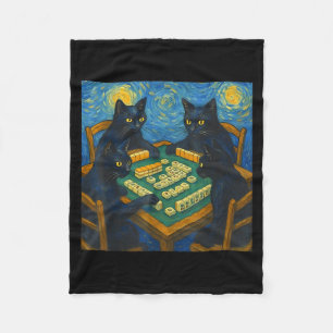 Van gogh starry night cat playing mahjong chinese fleece blanket