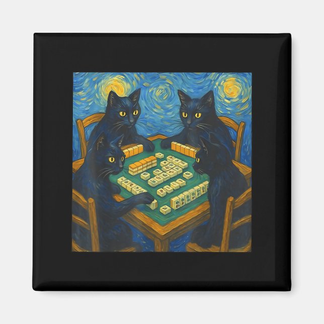 Van gogh starry night cat playing mahjong chinese magnet (Front)