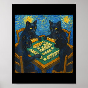 Van gogh starry night cat playing mahjong chinese poster