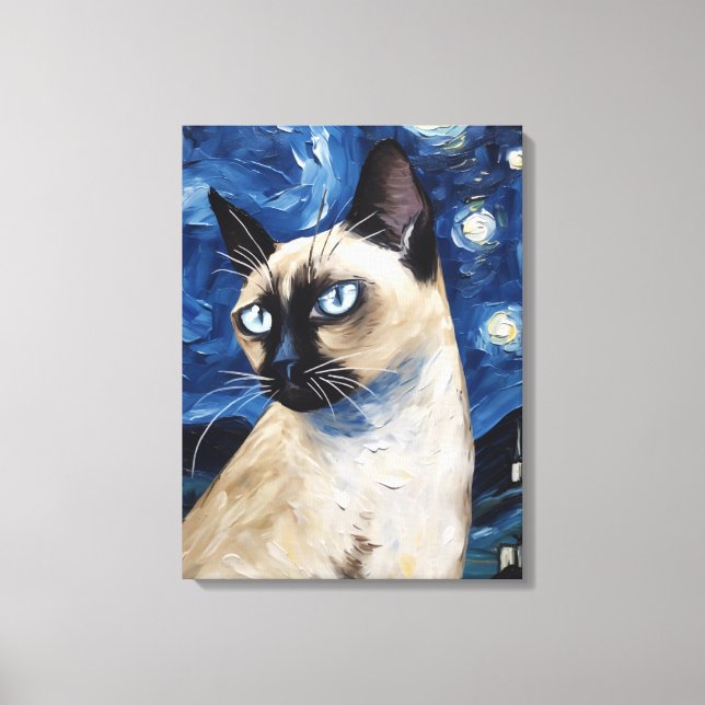 Van Gogh Starry Night  Cat Siamese Dream Canvas Print (Front)