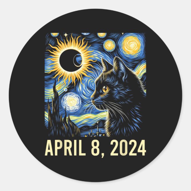 Van Gogh Starry Night Cat Total Solar Eclipse Apri Classic Round Sticker (Front)