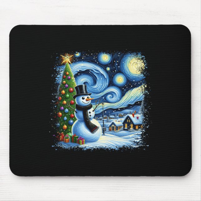 Van Gogh Starry Night Christmas Snowman Snowy Nigh Mouse Mat (Front)