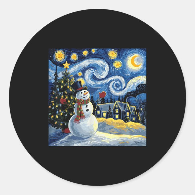 Van Gogh Starry Night Christmas Snowman Winter Sno Classic Round Sticker (Front)