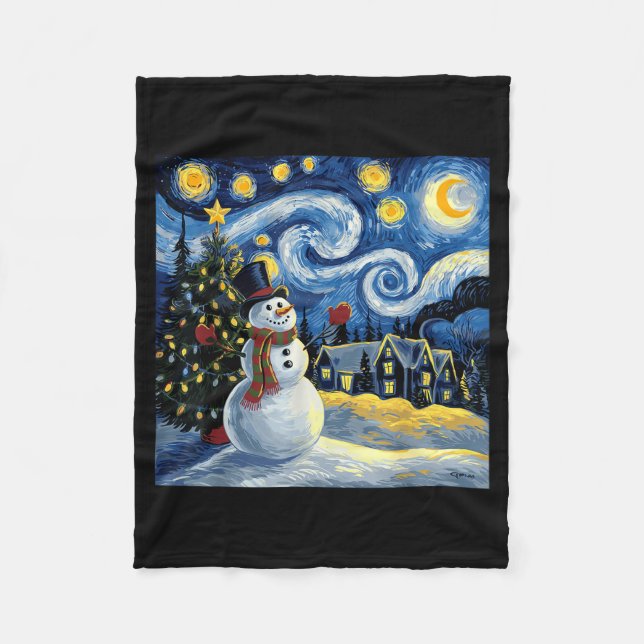 Van Gogh Starry Night Christmas Snowman Winter Sno Fleece Blanket (Front)