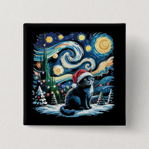 Van Gogh Starry Night Festive Christmas Black Cat  15 Cm Square Badge