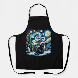 Van Gogh Starry Night Festive Christmas Black Cat Apron