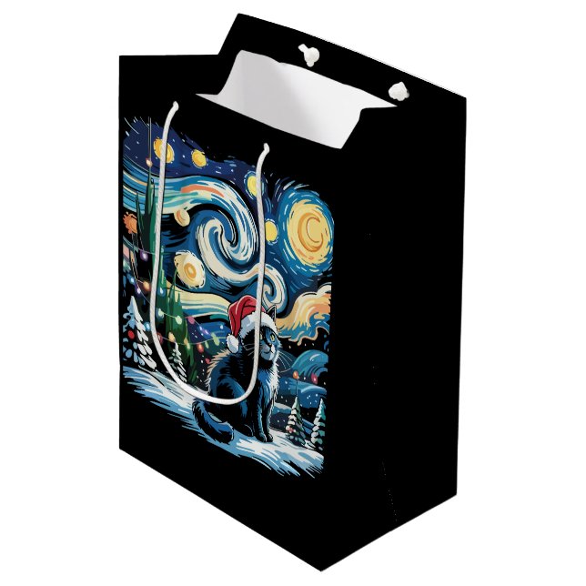 Van Gogh Starry Night Festive Christmas Black Cat  Medium Gift Bag (Front Angled)