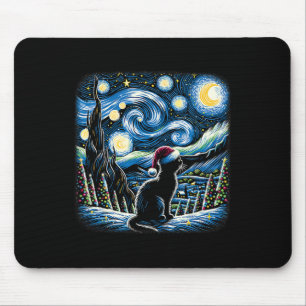 Van Gogh Starry Night Festive Christmas Black Cat Mouse Mat