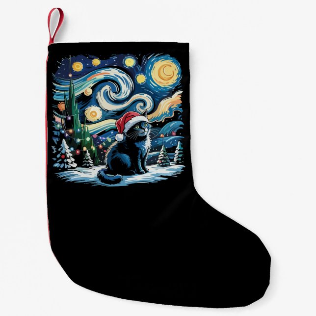 Van Gogh Starry Night Festive Christmas Black Cat  Small Christmas Stocking (Front)