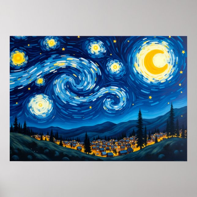 Van Gogh Starry Night Inspired Swirling Sky Poster (Front)