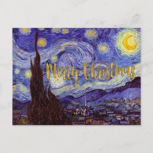 Van Gogh Starry Night Merry Christmas Gold Art Holiday Postcard