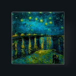 Van Gogh Starry Night Over the Rhône  15 Cm Square Badge<br><div class="desc">Button featuring Vincent van Gogh’s oil painting Starry Night Over the Rhône (1888). Shining yellow stars decorate the blue night sky as a couple strolls along a riverbank in Arles. A perfect gift for fans of Post-Impressionism and Dutch art.</div>