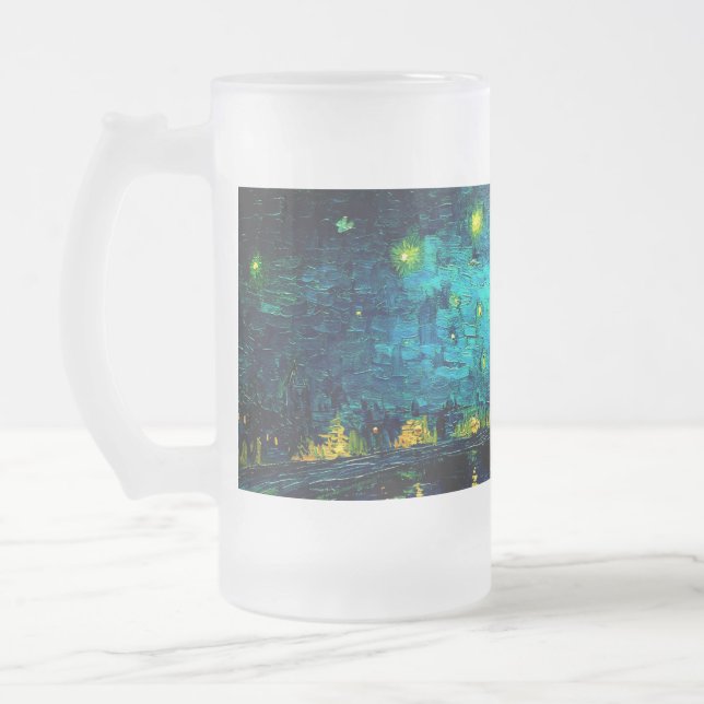 Van Gogh Starry Night Over the Rhône  Frosted Glass Beer Mug (Left)