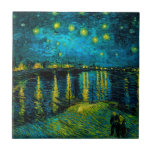 Van Gogh Starry Night Over the Rhône  Tile<br><div class="desc">Ceramic Tile featuring Vincent van Gogh’s oil painting Starry Night Over the Rhône (1888). Shining yellow stars decorate the blue night sky as a couple strolls along a riverbank in Arles. A perfect gift for fans of Post-Impressionism and Dutch art.</div>