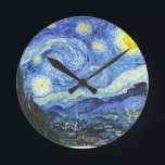 Van Gogh Starry Night Round Clock<br><div class="desc">"van gogh",  vincent,  starry night,  painting,  famous,  vintage,  stars,  sky,  art,  blue</div>