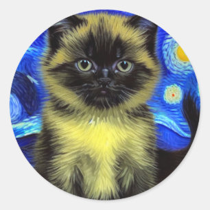 Van Gogh Starry Night Siamese Cat Classic Round Sticker