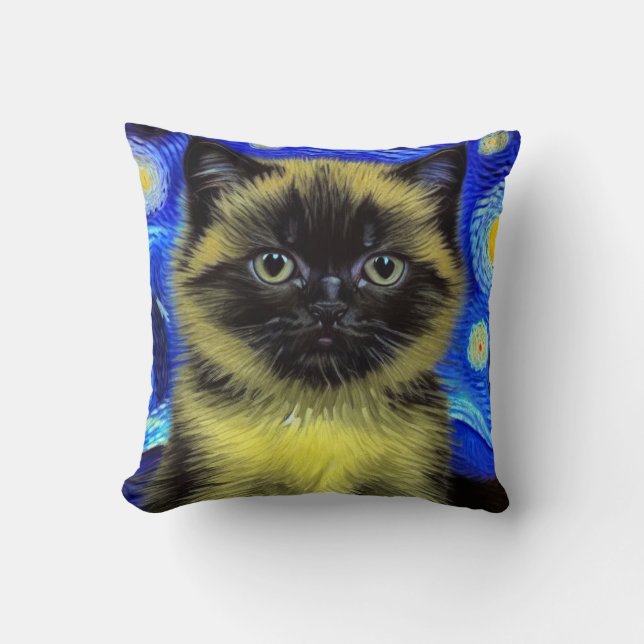 Van Gogh Starry Night Siamese Cat Cushion (Front)