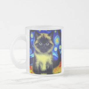 Van Gogh Starry Night Siamese Cat Frosted Glass Coffee Mug