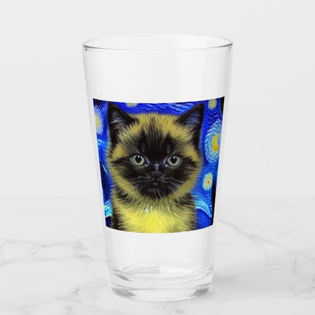 Van Gogh Starry Night Siamese Cat Glass (Front)