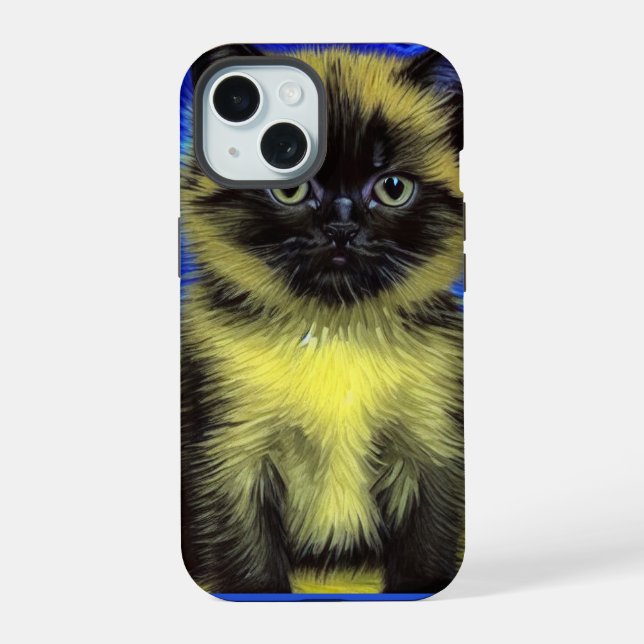 Van Gogh Starry Night Siamese Cat iPhone 15 Case (Back)