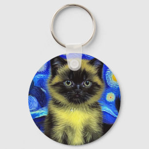 Van Gogh Starry Night Siamese Cat Key Ring