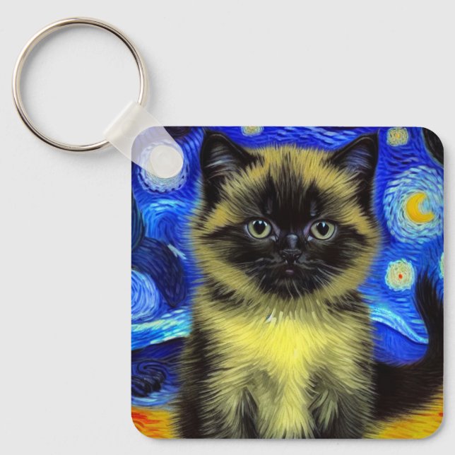 Van Gogh Starry Night Siamese Cat Key Ring (Front)