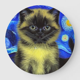 Van Gogh Starry Night Siamese Cat Large Clock