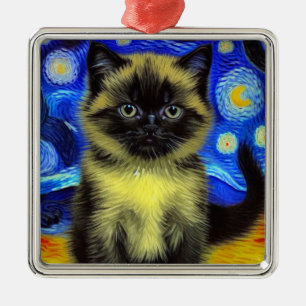 Van Gogh Starry Night Siamese Cat Metal Tree Decoration