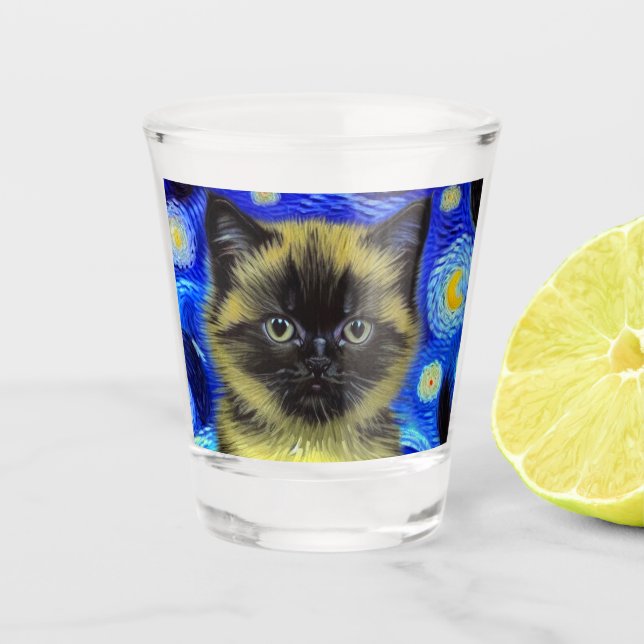 Van Gogh Starry Night Siamese Cat Shot Glass (Front)