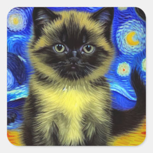 Van Gogh Starry Night Siamese Cat Square Sticker