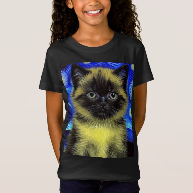 Van Gogh Starry Night Siamese Cat T-Shirt (Front)