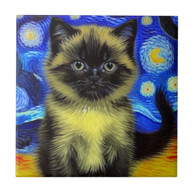Van Gogh Starry Night Siamese Cat Tile (Front)