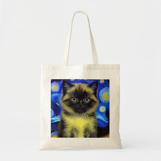 Van Gogh Starry Night Siamese Cat Tote Bag (Front)