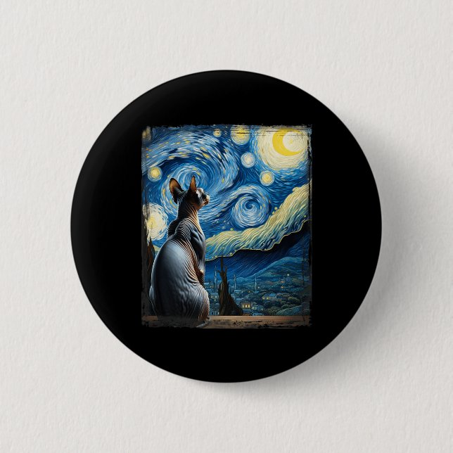 Van Gogh Starry Night Style Artistic Sphynx Cat  6 Cm Round Badge (Front)
