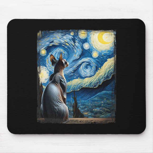 Van Gogh Starry Night Style Artistic Sphynx Cat  Mouse Mat (Front)