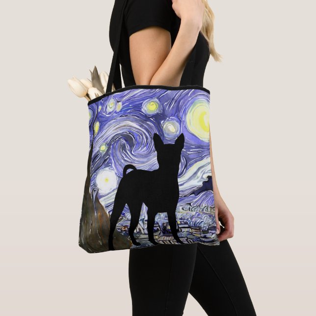 Van Gogh Starry Night With Basenji Dog Tote Bag (Close Up)