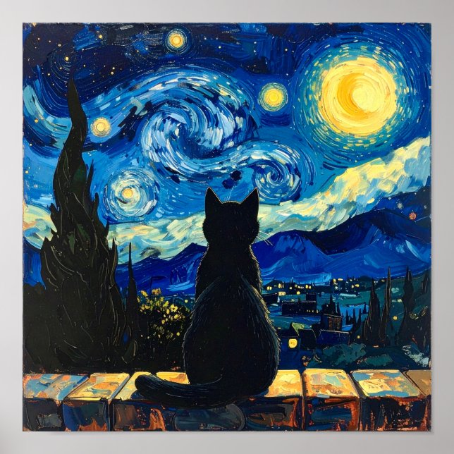 Van Gogh Starry Night with Black Cat Poster (Front)
