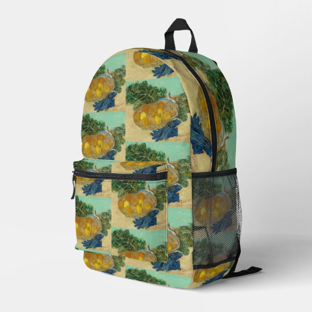 Van Gogh Still Life Oranges Lemons Blue Gloves Printed Backpack (Back Corner Right)