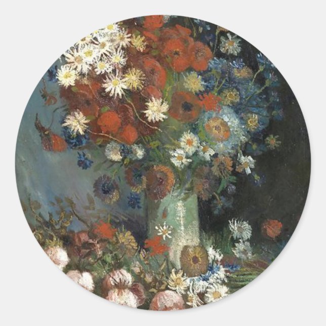 Van Gogh Still Life with Meadow Flowers and Roses Classic Round Sticker (Front)