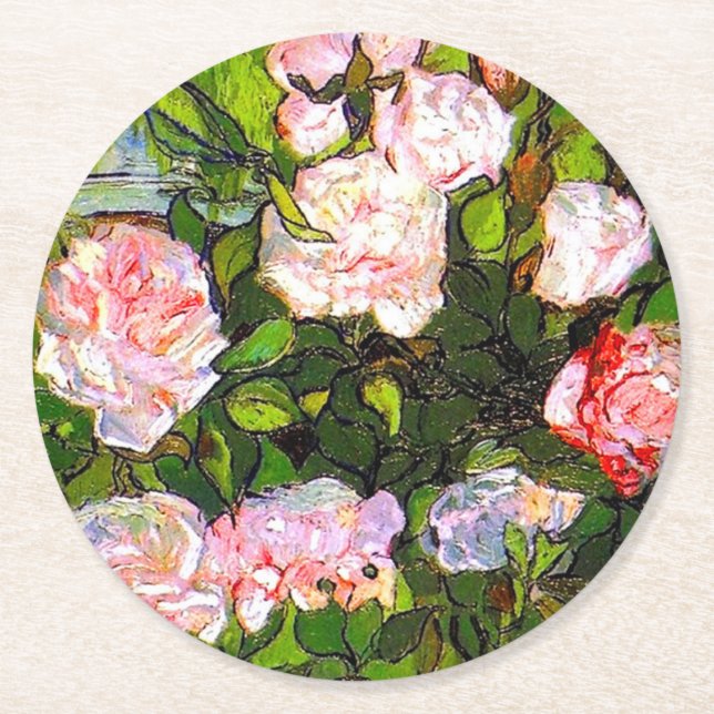 Van Gogh Still Life with Pink Roses Round Paper Coaster (Front)