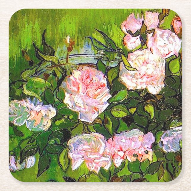 Van Gogh Still Life with Pink Roses Square Paper Coaster (Front)
