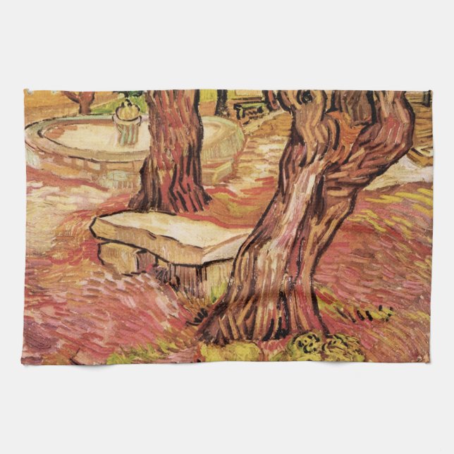 Van Gogh Stone Bench in Garden, St Paul Hospital Tea Towel (Horizontal)