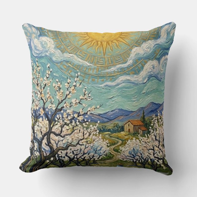 Van Gogh Style Almond Orchard Spring Blossom Throw Cushion (Front)