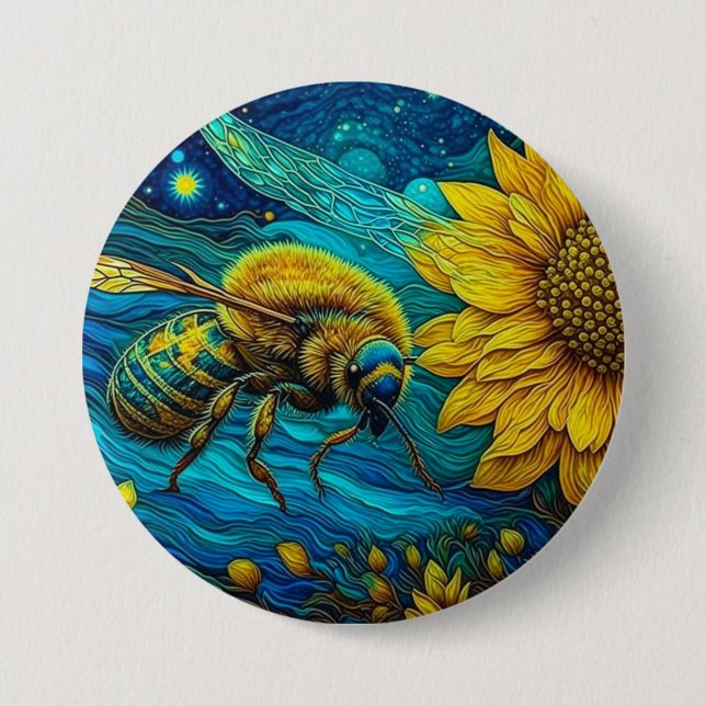 Van Gogh Style Bee & Sunflower 7.5 Cm Round Badge (Front)