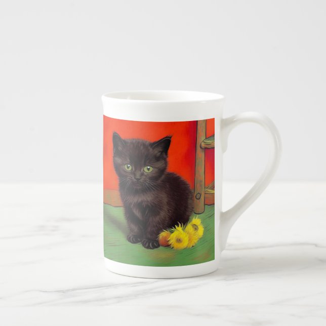 Van Gogh Style Black Cat Bone China Mug (Right)