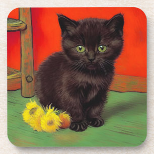 Van Gogh Style Black Cat Coaster