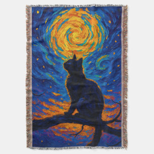 Van Gogh Style Black Cat Gazing at the Moon Throw Blanket