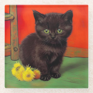 Van Gogh Style Black Cat Glass Coaster