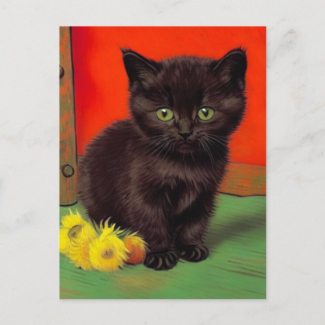 Van Gogh Style Black Cat Holiday Postcard (Front)