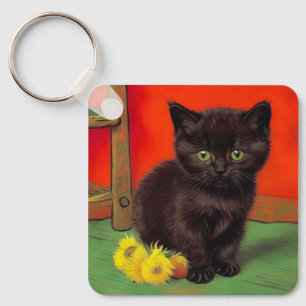 Van Gogh Style Black Cat Key Ring